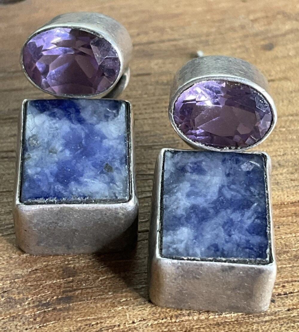 Vintage Sterling Silver Sodalite Amethyst Modernist Dangle Geometric Earrings